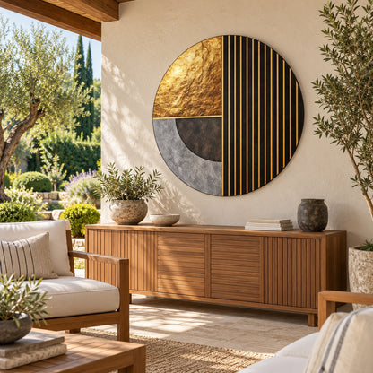 Round aluminium print of the geometric gold-striped composition displayed on a luxury terrace