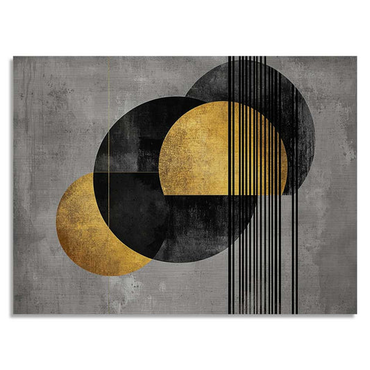 Modern artwork with circles and vertical lines in gold and black tones