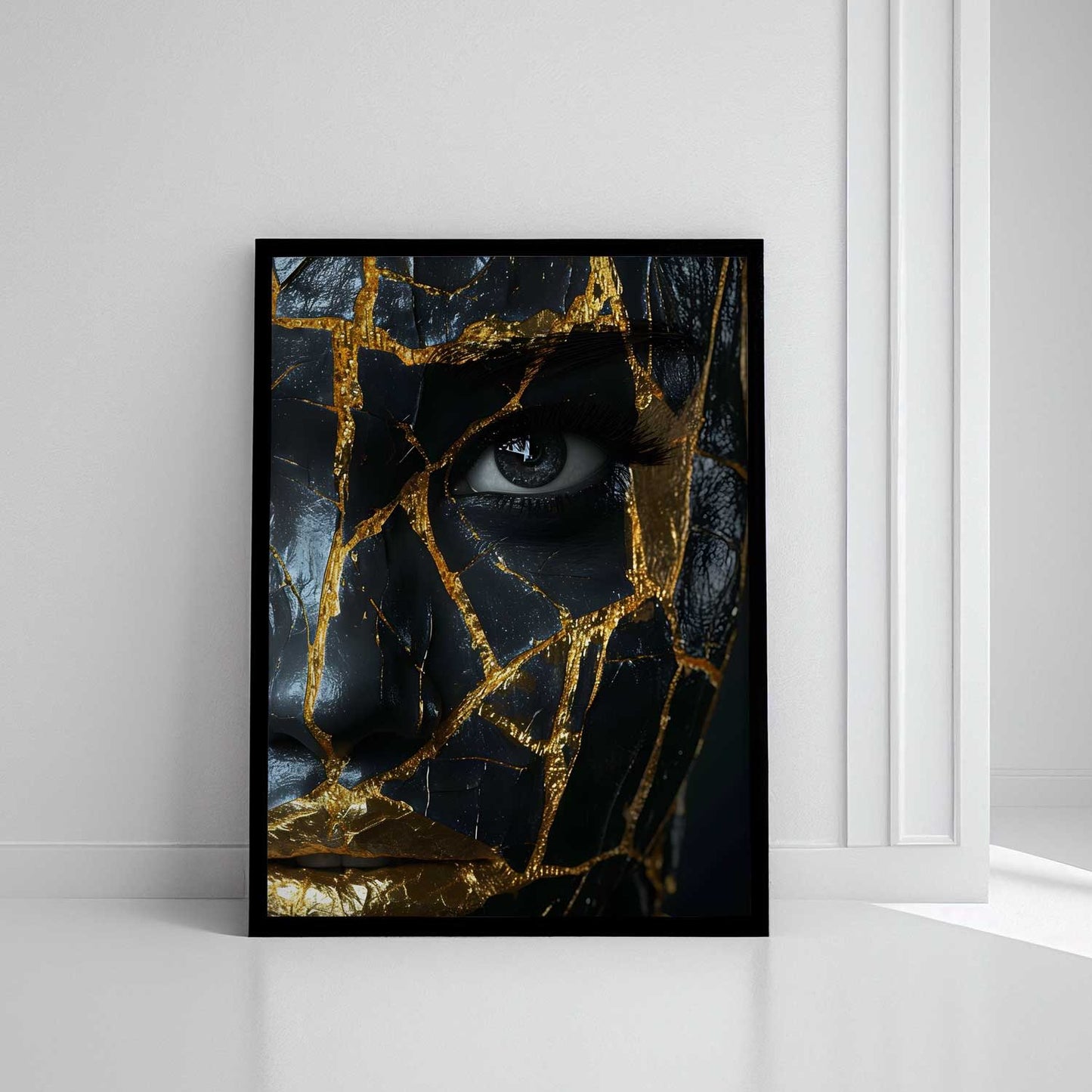golden women face black canves glassy