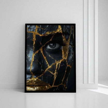 golden women face black canves glassy