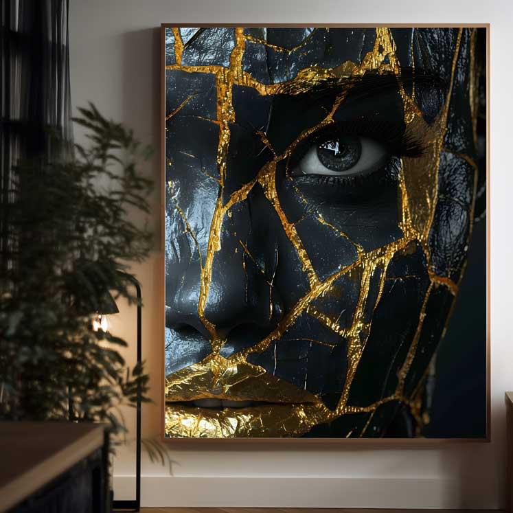 canves didelio dydžio paveikslas printas auksines detales juodas veidas