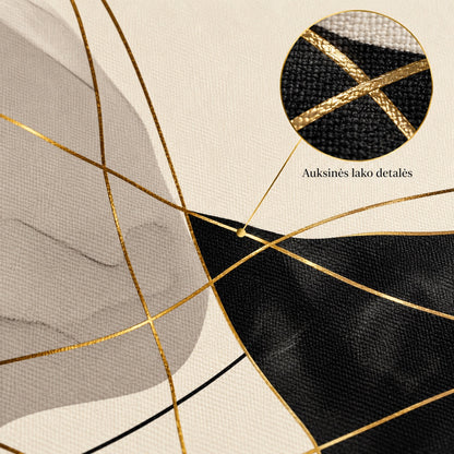 Close-up of gold-toned varnish lacquer details where gold lines cross over the canvas, with LT callout text 'Auksinės lako detalės' (gold-toned lacquer details) pointing to the woven canvas texture