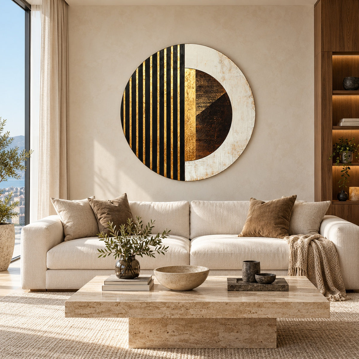 Round aluminium print of the gold-striped composition displayed in a penthouse living room