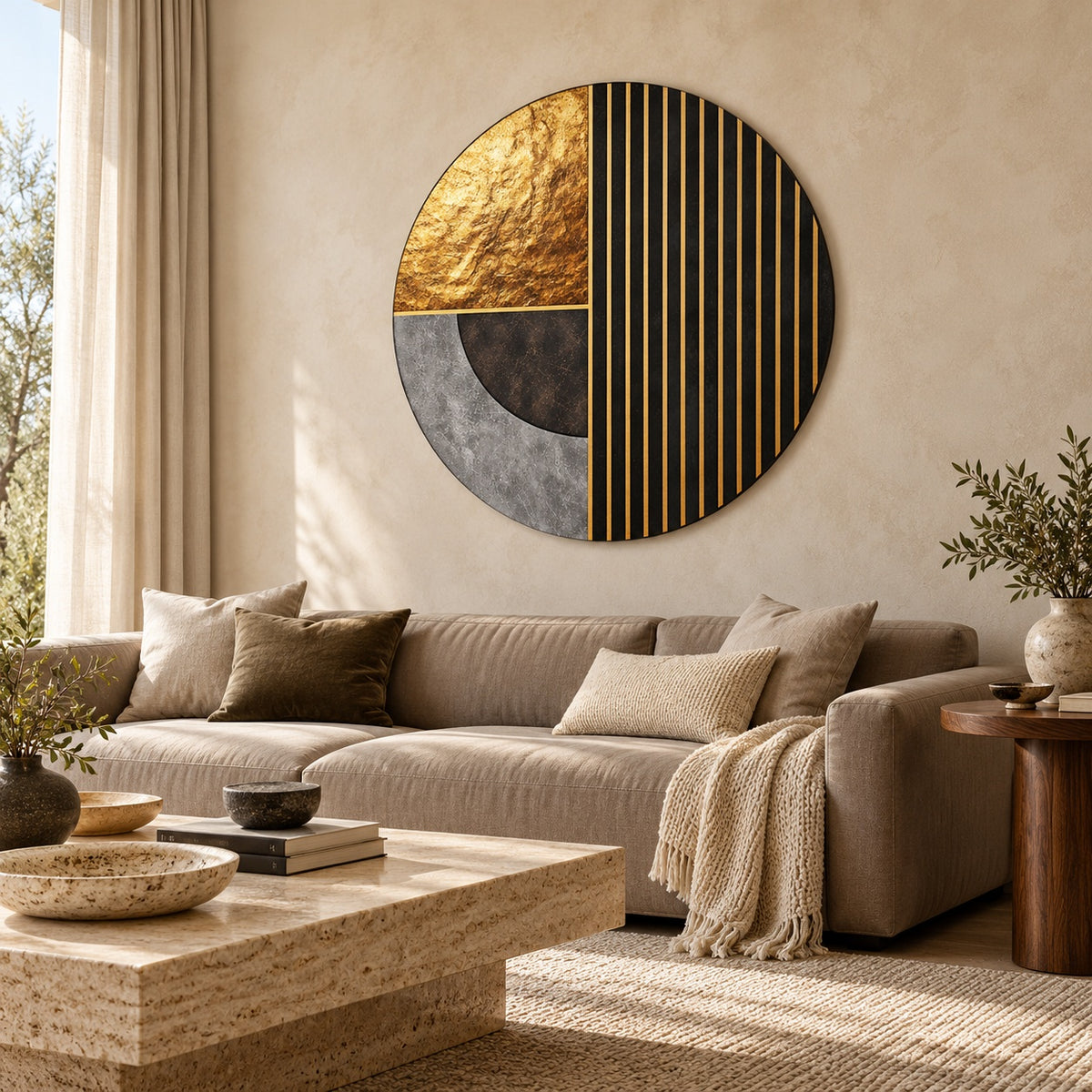 Round aluminium print of the geometric gold-striped composition displayed in a living room