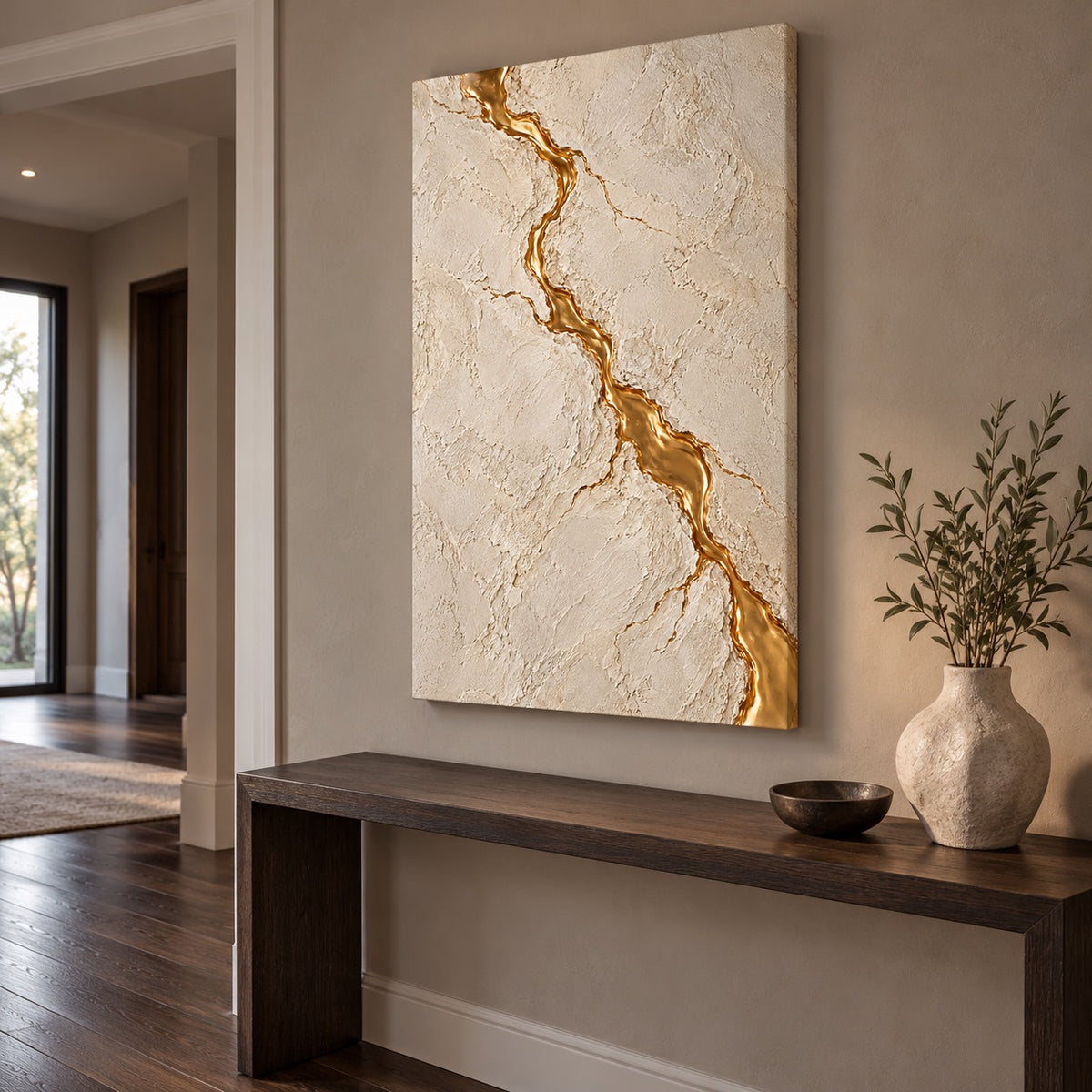Textured canvas with a gold crack line displayed in a taupe entryway above a console table