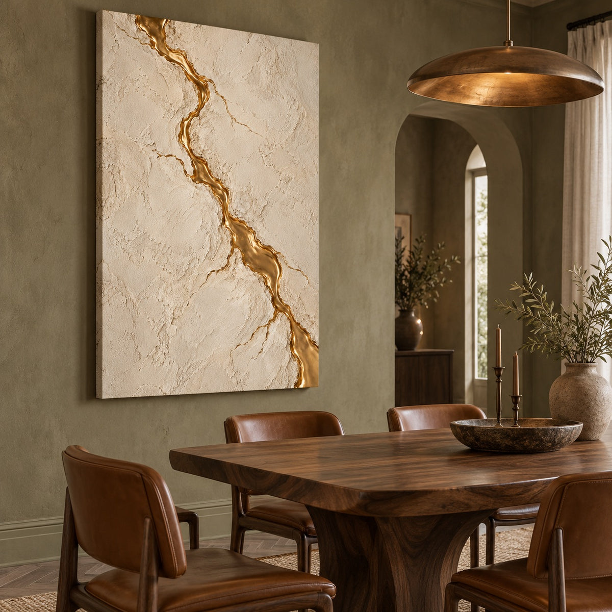Textured canvas with a gold crack line displayed in an olive-green dining room