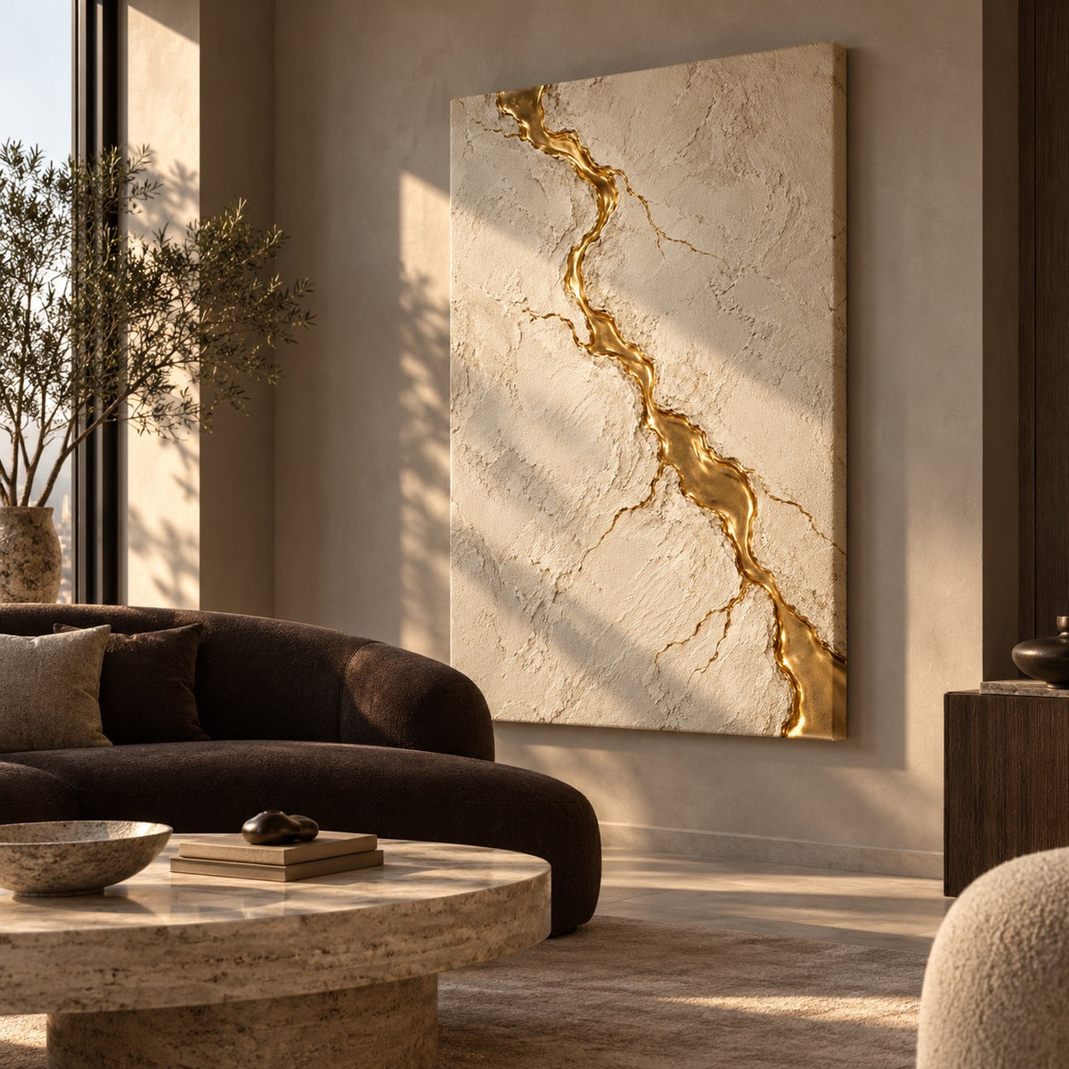 Textured canvas with a gold crack line displayed in a penthouse lounge