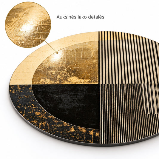 Close-up of gold-leaf gloss varnish details on the round aluminium print, with LT callout text 'Auksinès lako detalès'