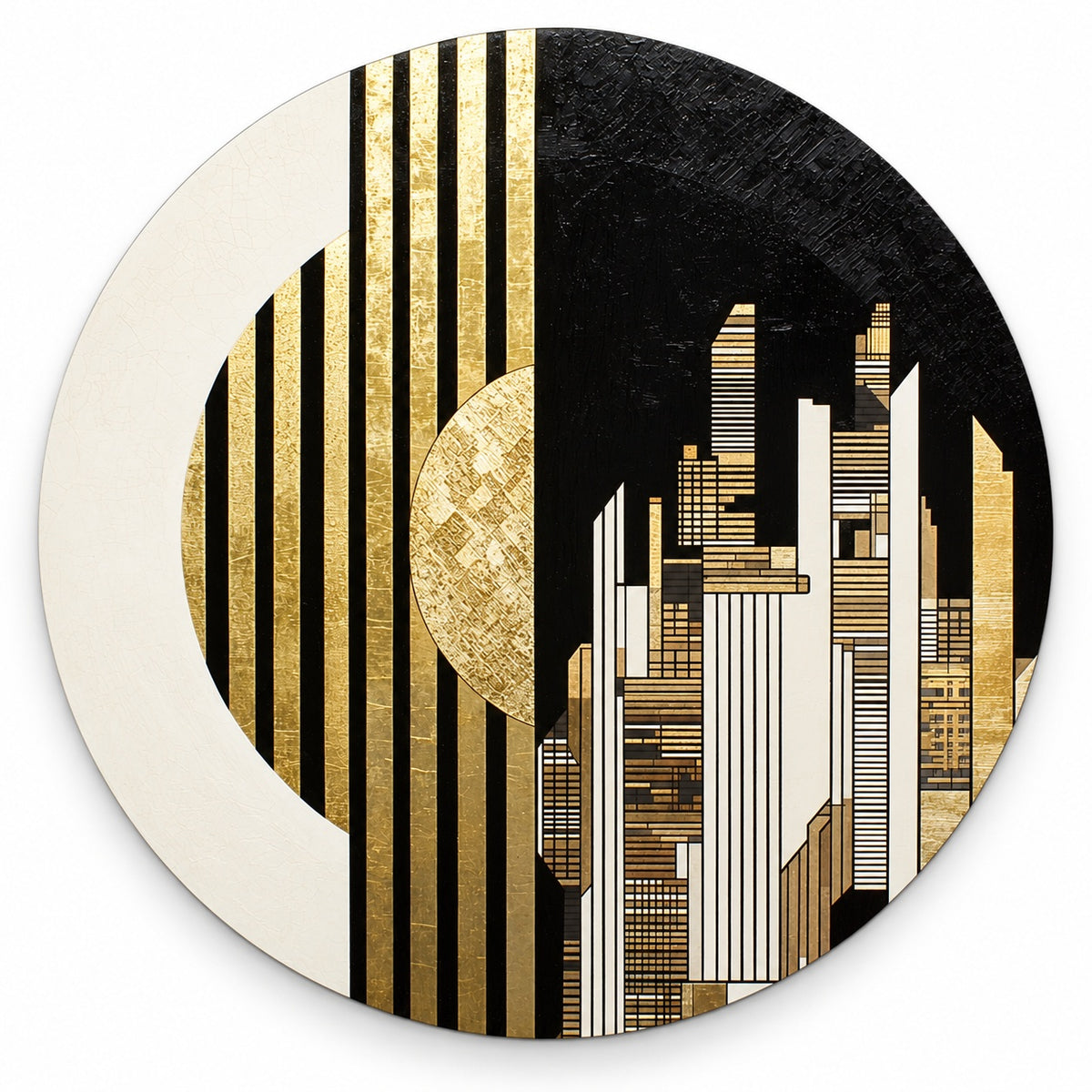 Round aluminium print of an art-deco gold, black, and ivory city skyline with a gold sun disc, shown on white, Round Aluminium + Varnish