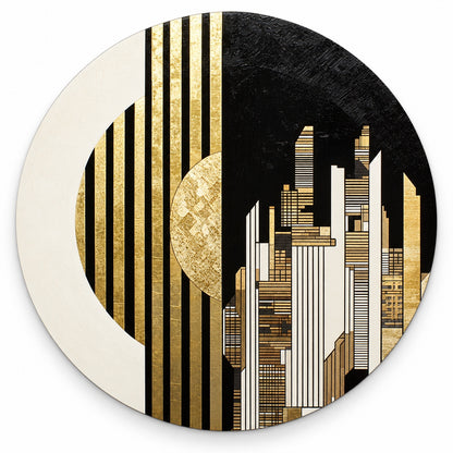 Round aluminium print of an art-deco gold, black, and ivory city skyline with a gold sun disc, shown on white, Round Aluminium + Varnish