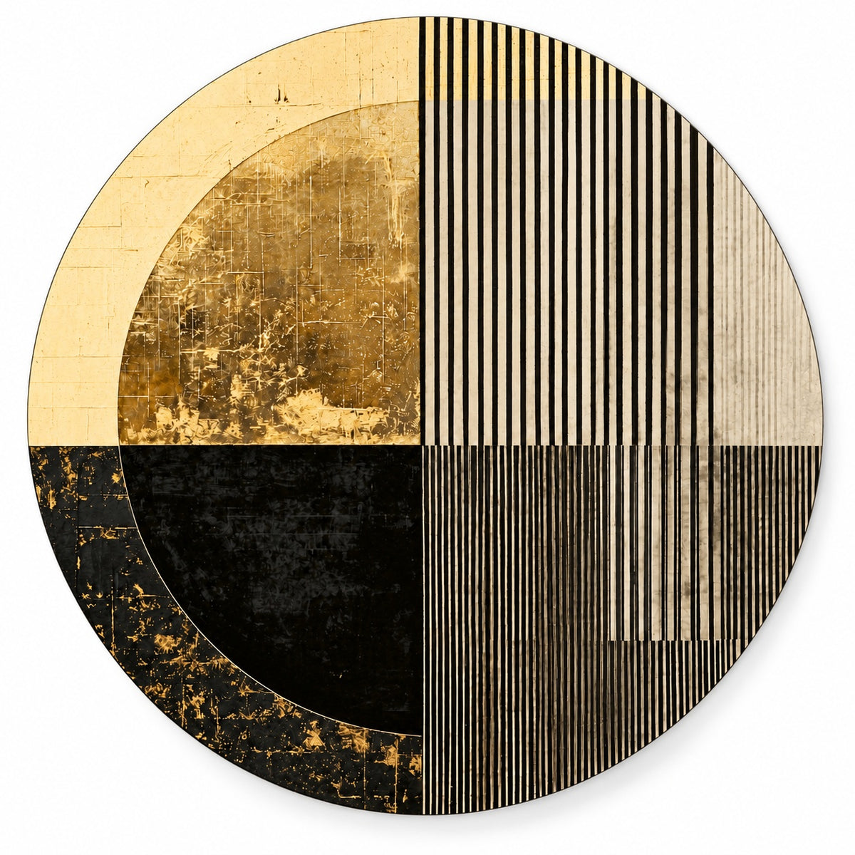 Round aluminium print of a four-quadrant geometric composition in gold, black, and cream, shown on white, Round Aluminium + Varnish