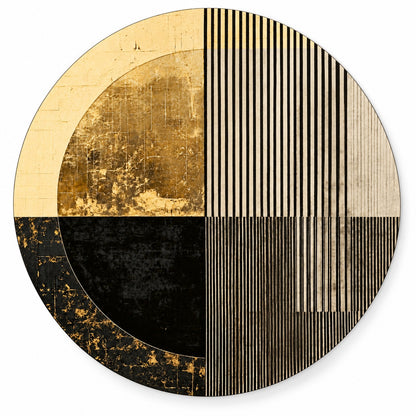 Round aluminium print of a four-quadrant geometric composition in gold, black, and cream, shown on white, Round Aluminium + Varnish