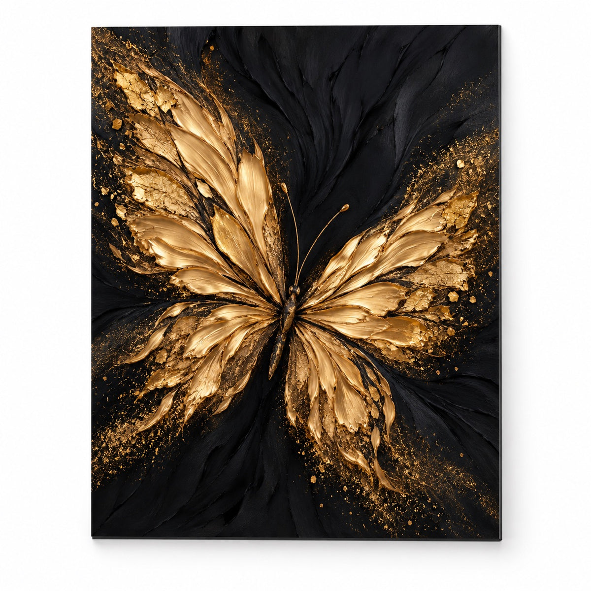 Gold-textured butterfly with spread wings on a black aluminium panel background