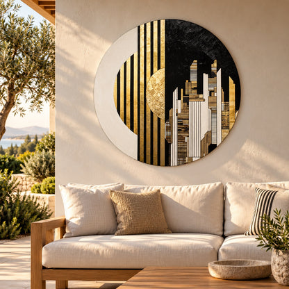 Round aluminium print with gold details displayed on a luxury terrace