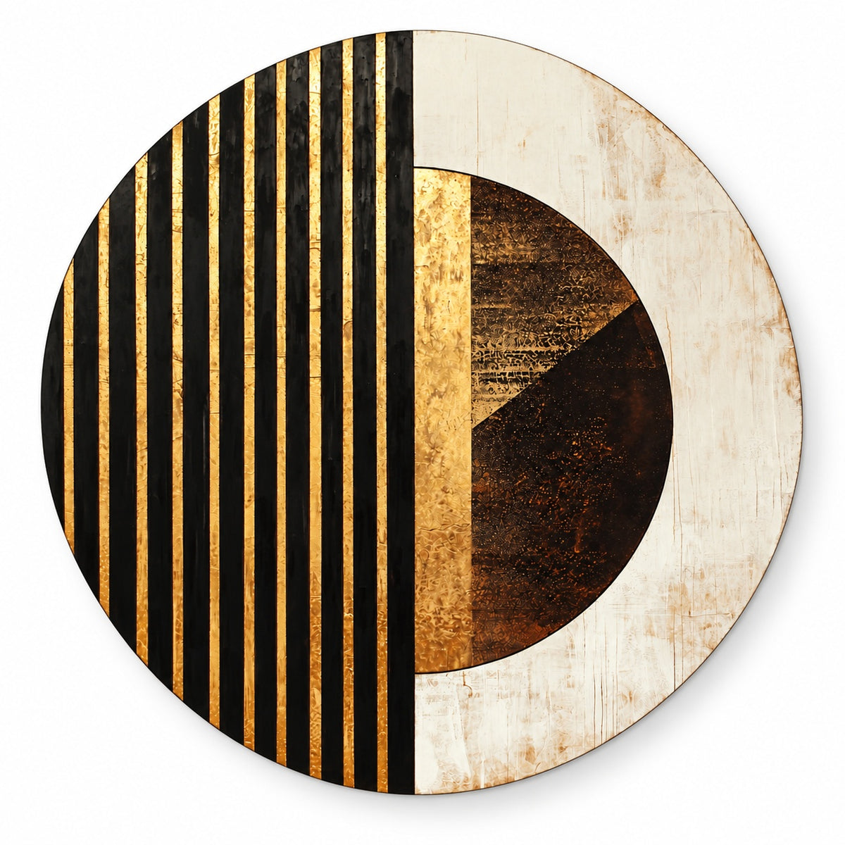 Round aluminium print with striped gold banding, a textured gold-bronze circle, and an ivory crescent, shown on white, Round Aluminium + Varnish