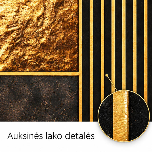 Close-up of gold-striped gloss varnish details on the round aluminium print, with LT callout text 'Auksinės lako detalės'