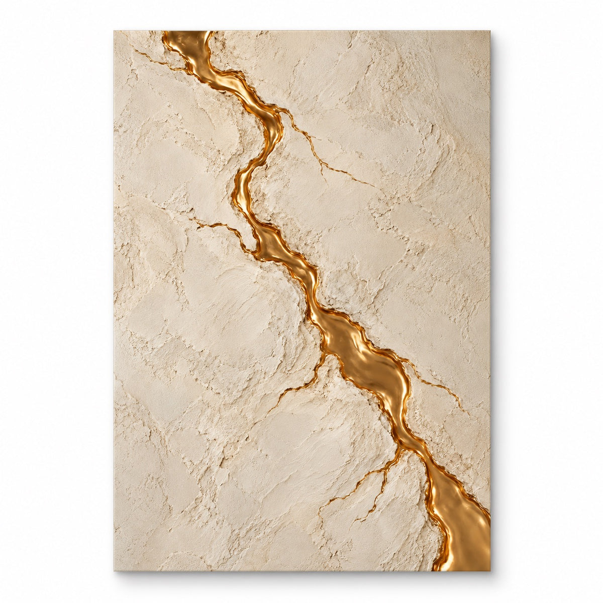 Cream and ivory textured canvas with a molten gold crack line running diagonally, isolated on white