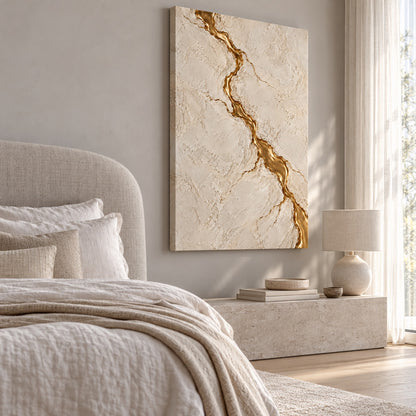 Textured canvas with a gold crack line displayed above a bed in a serene bedroom