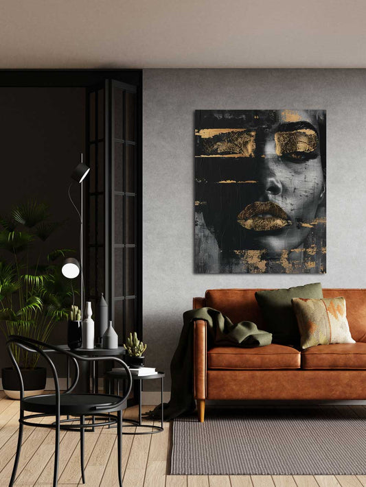 Aluminum wall art portrait with gold lacquer details above brown couch