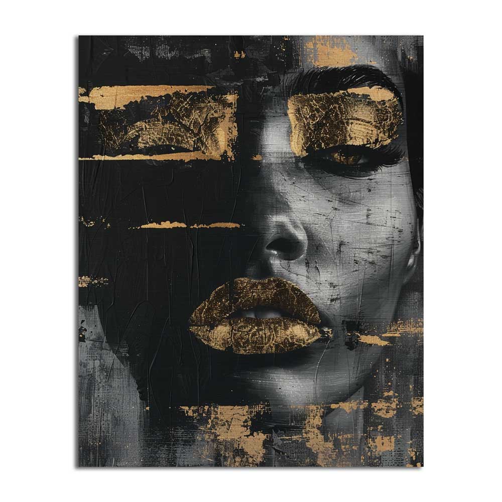 Aluminum portrait painting with closed eyes and lacquered gold elements