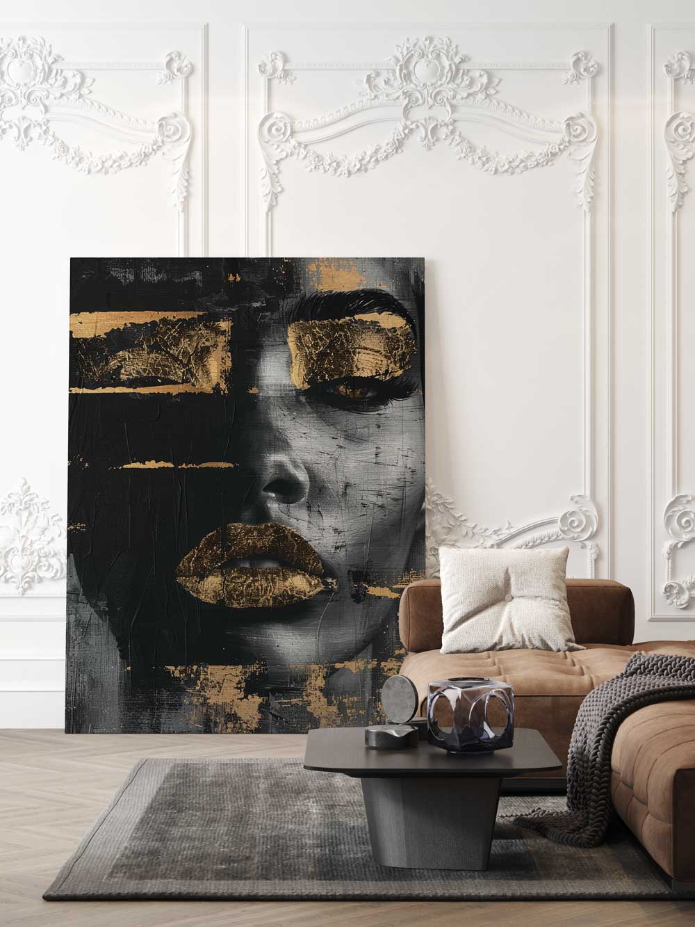 Golden face artwork printed on aluminum in elegant living room