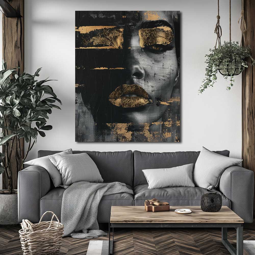 Modern aluminum portrait art with golden eyes and lips in white interior