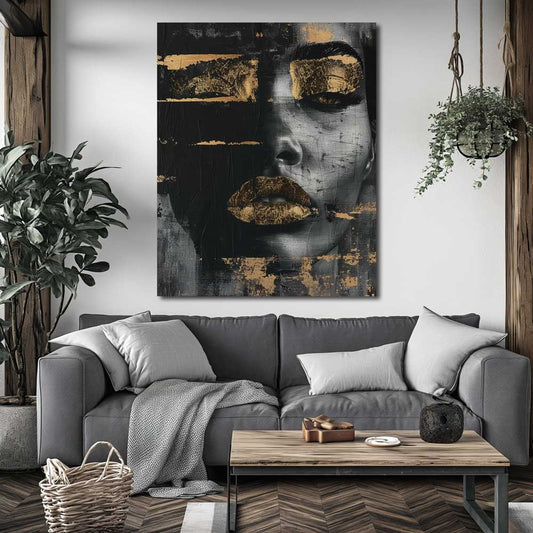 Modern aluminum portrait art with golden eyes and lips in white interior