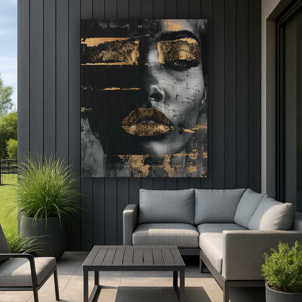Moisture-resistant aluminum artwork with gold face accents for outdoor decor
