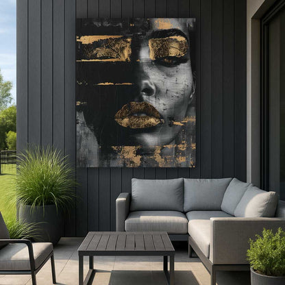 Moisture-resistant aluminum artwork with gold face accents for outdoor decor