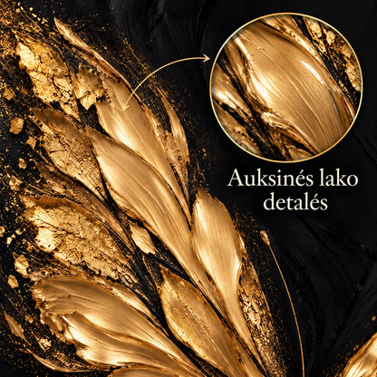 Close-up of the gold wing texture showing the glossy varnish finish, labelled Auksinės lako detalės