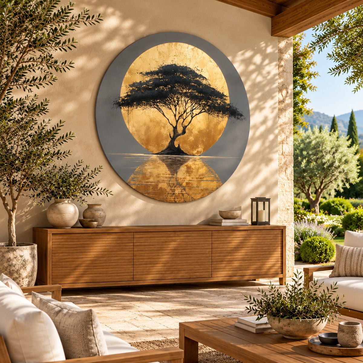 Round aluminium print of the acacia composition displayed on a terrace