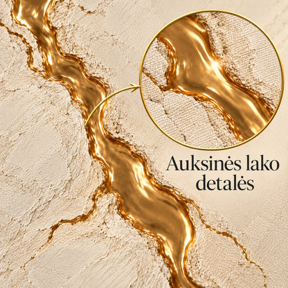 Close-up of the gold varnish detail on the crack line, labelled Auksinės lako detalės