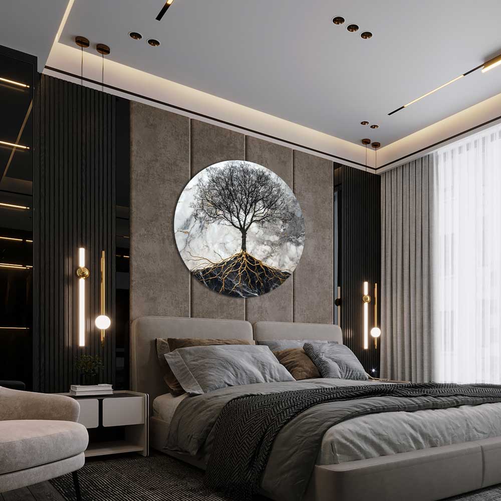 Apvalus aliuminio paveikslas su medžiu moderniame miegamajame virš lovos ; Round tree aluminum wall art displayed above bed in modern bedroom