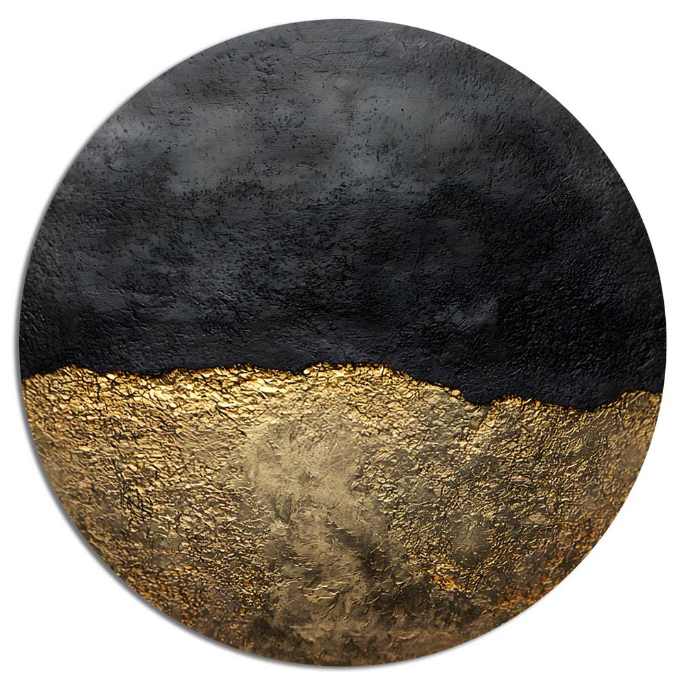 Round aluminum artwork with black texture and glossy gold horizon line