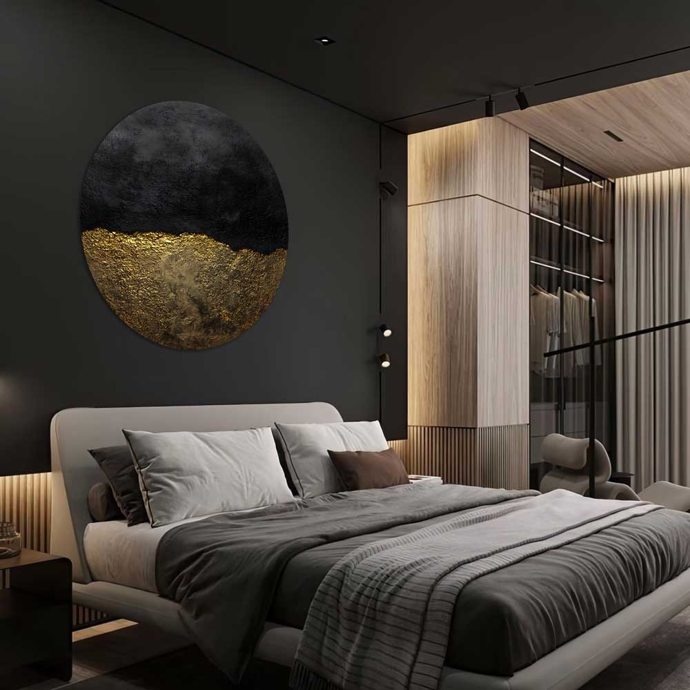 Round black and gold aluminum artwork in modern dark bedroom ; Horizon – artwork in dark interior 