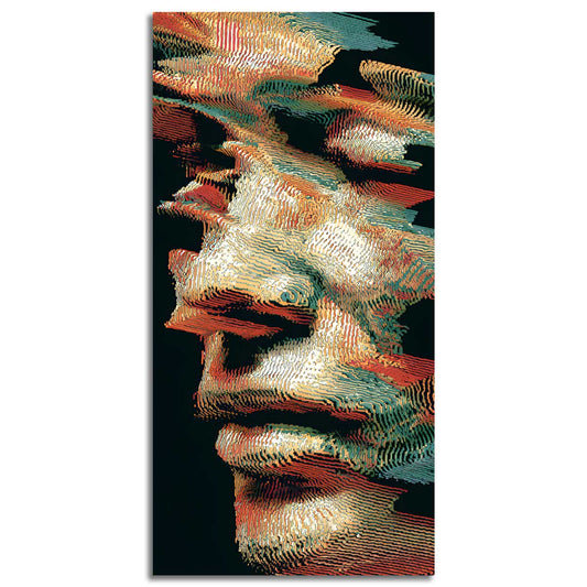 Drobės paveikslas „Iškraipyta Tapatybė“ su iškraipytu žmogaus veidu ir linijiniu glitch efektu