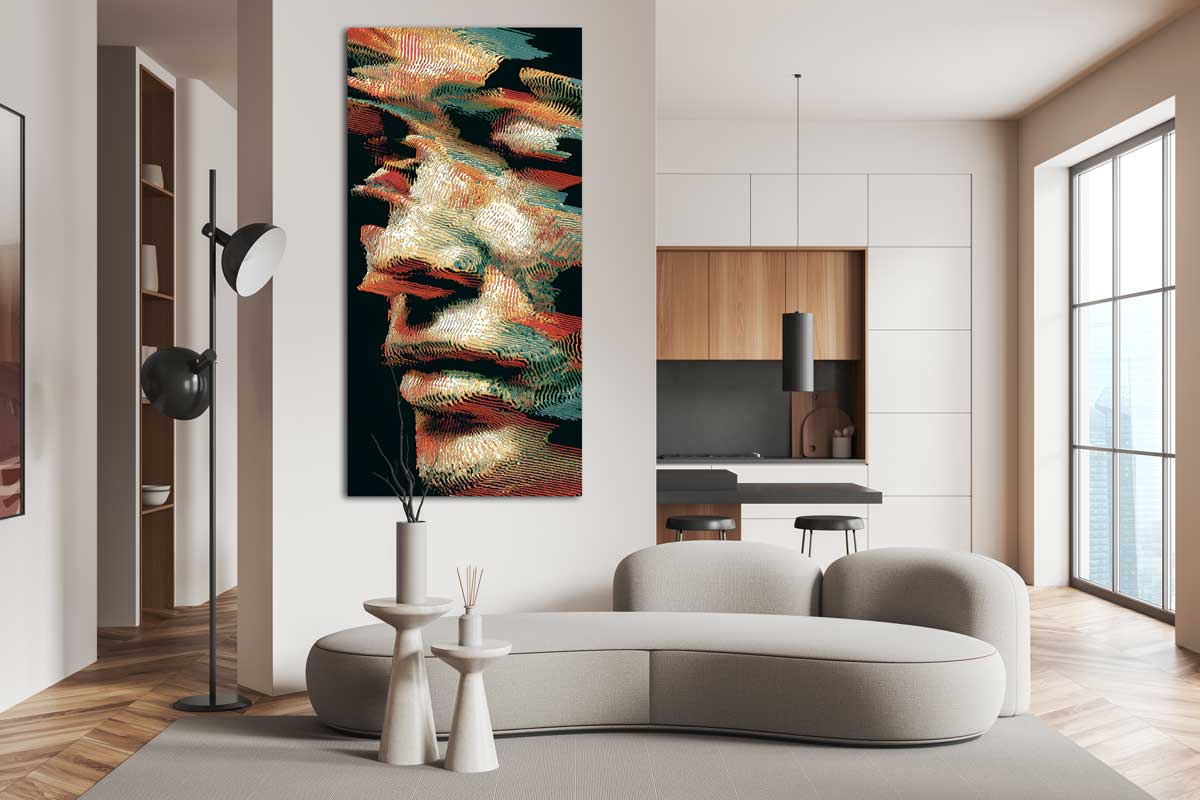 Drobės paveikslas su glitch efektu industrinio stiliaus kambaryje