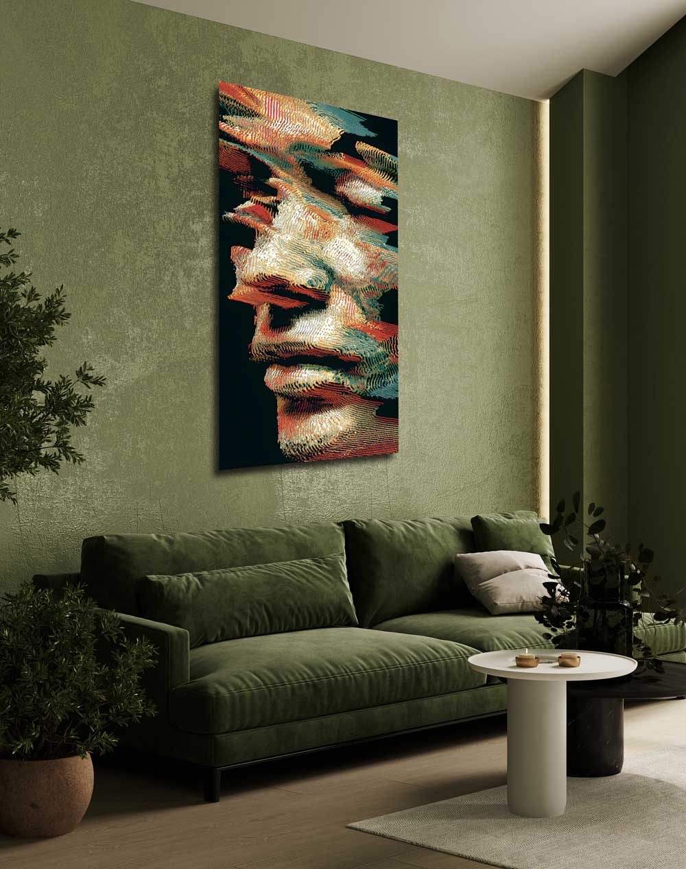 Modernus drobės paveikslas su skaitmeniniu portretu kabantis svetainėje virš sofos