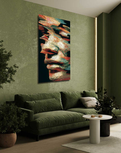 Modernus drobės paveikslas su skaitmeniniu portretu kabantis svetainėje virš sofos