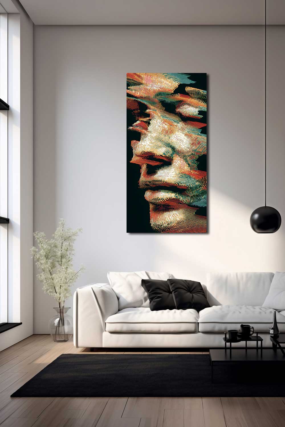 Drobės paveikslas su iškraipytu veidu kabantis virš lovos moderniame miegamajame