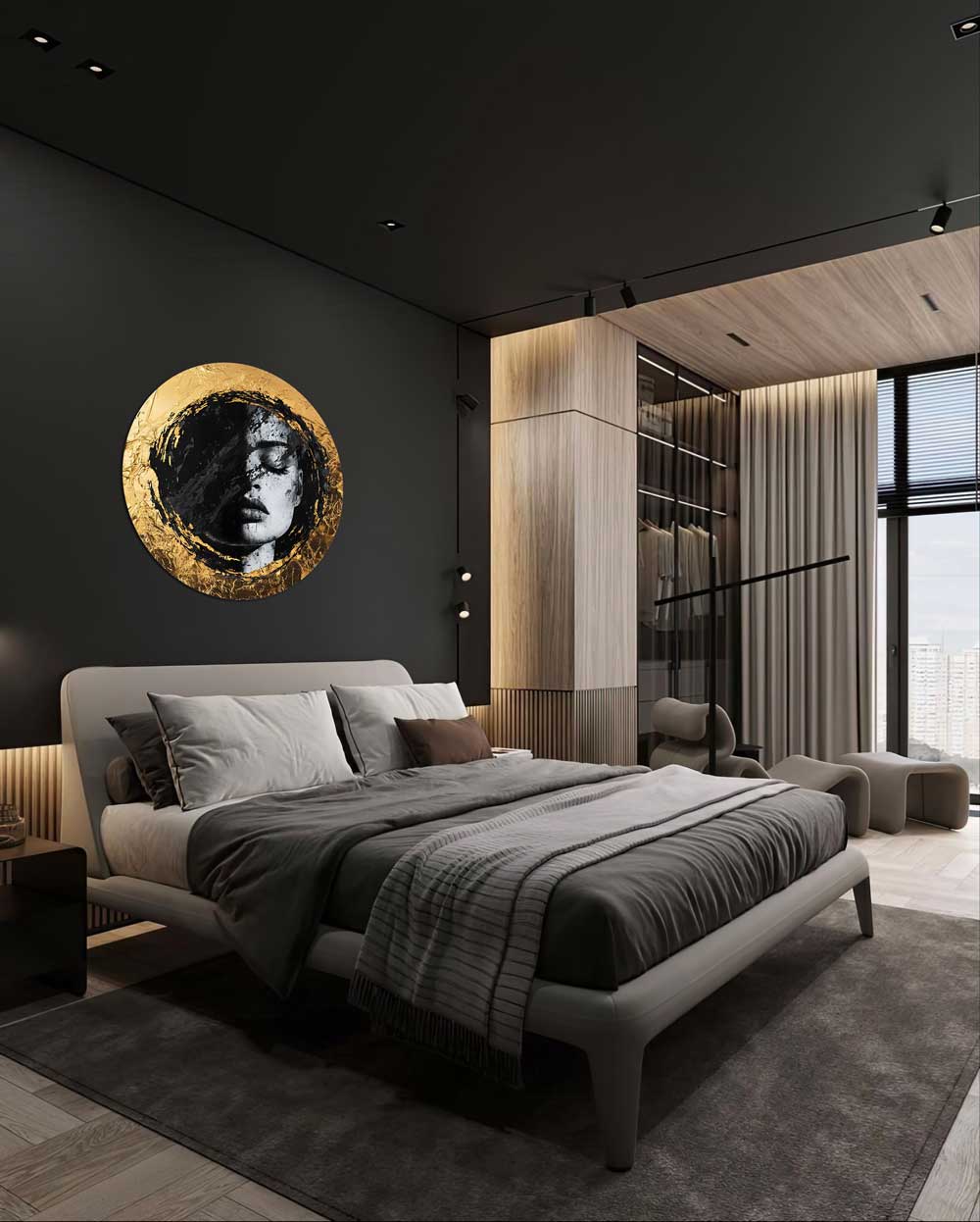 Apvalus paveikslas su moters veidu virš lovos moderniame miegamajame ; Round portrait aluminum artwork above bed in modern bedroom