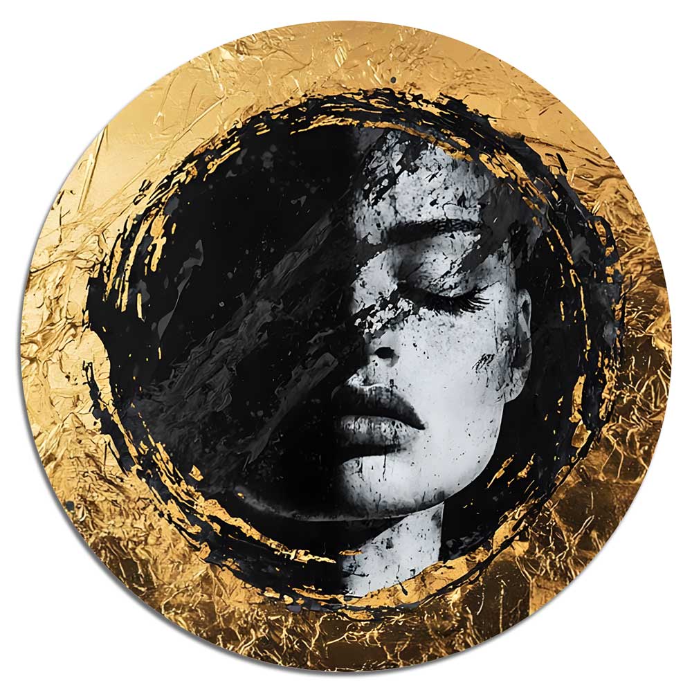 Apvalus paveikslas su moters portretu ir auksinėmis detalėmis ant sidabrinio aliuminio ; Round aluminum artwork with woman portrait and gold details on silver background