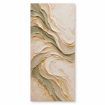 Sage green and cream wave-textured canvas with a flowing gold line, isolated on white