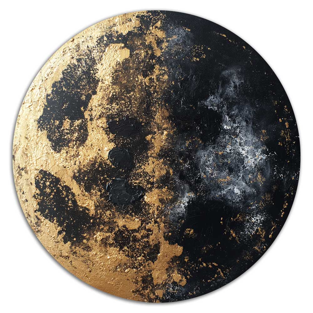 Apvalus aliuminio paveikslas „Juodasis Mėnulis“ su auksinėmis lako detalėmis