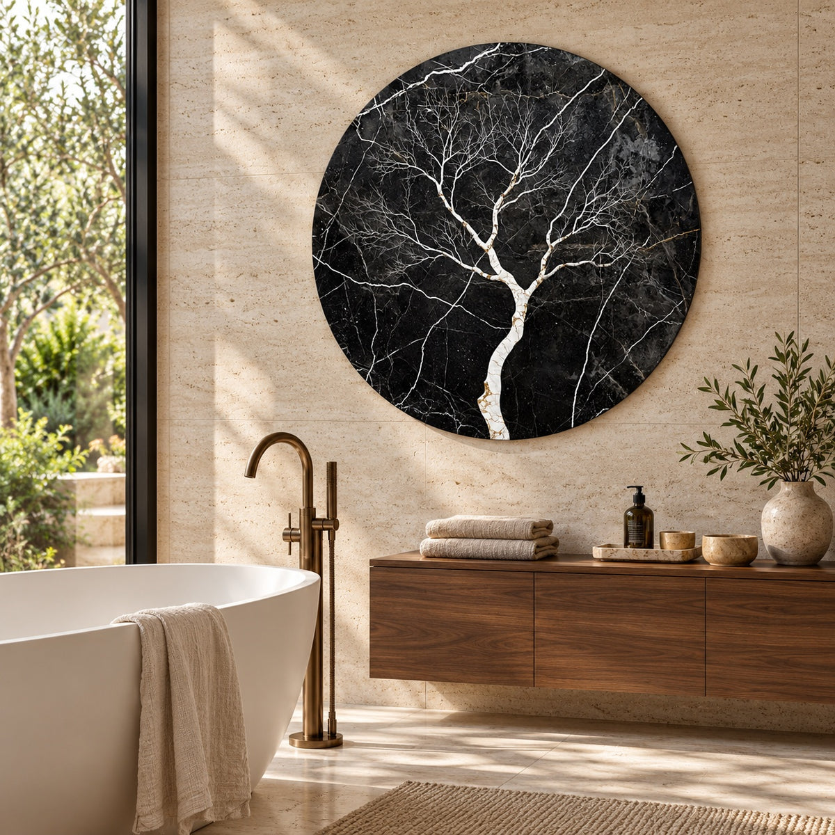 Round aluminium print of the tree composition displayed in a luxury bathroom