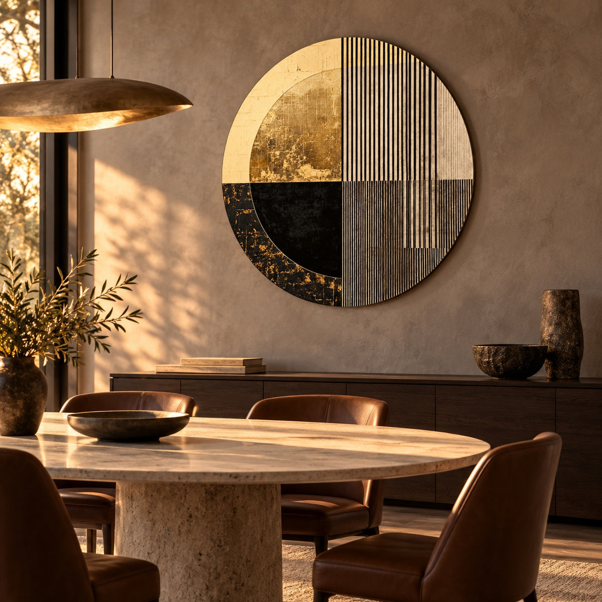 Round aluminium print with a geometric gold, black, and cream composition displayed in a luxury dining room