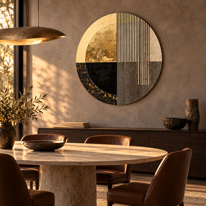 Round aluminium print with a geometric gold, black, and cream composition displayed in a luxury dining room