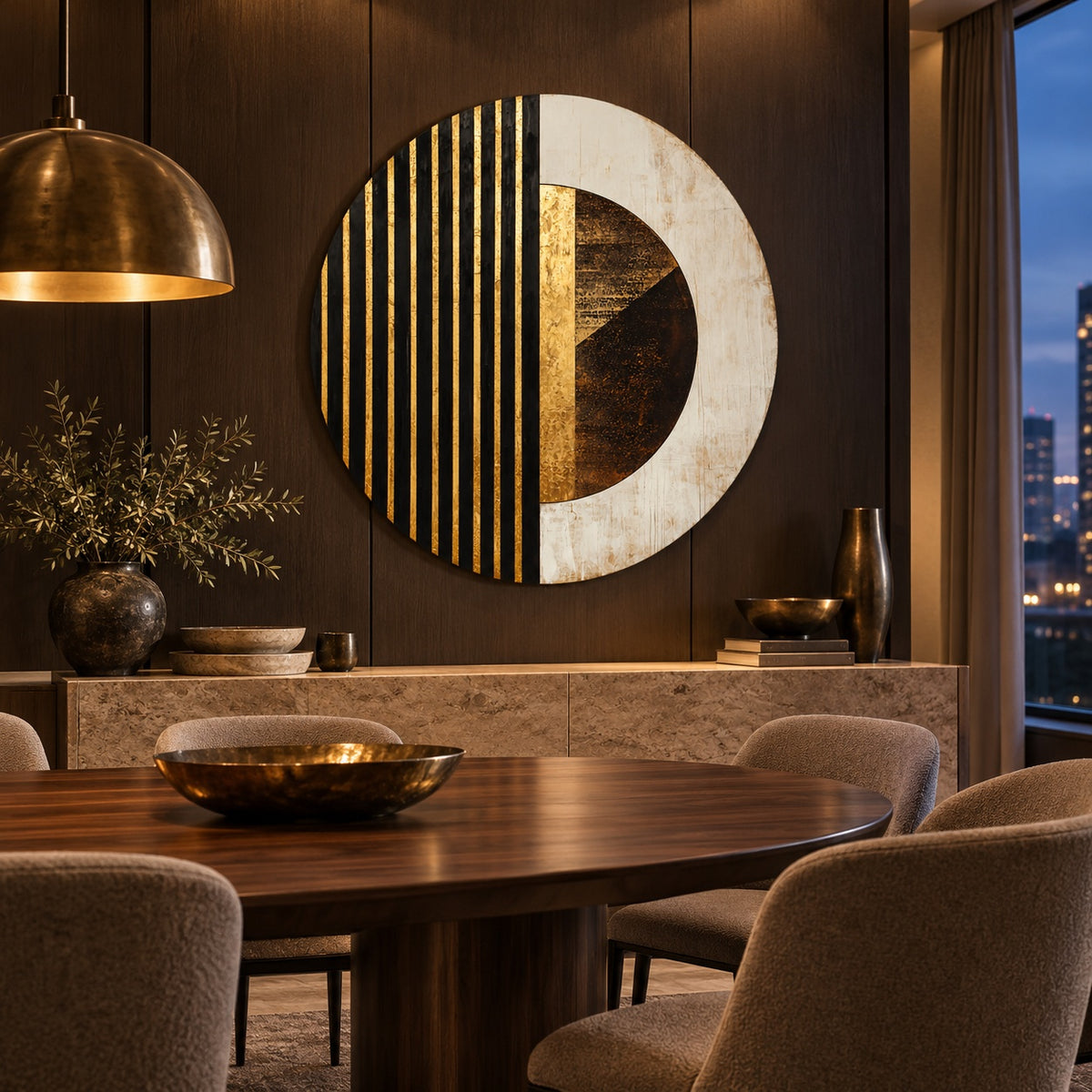 Round aluminium print of the gold-striped composition displayed in a dining room