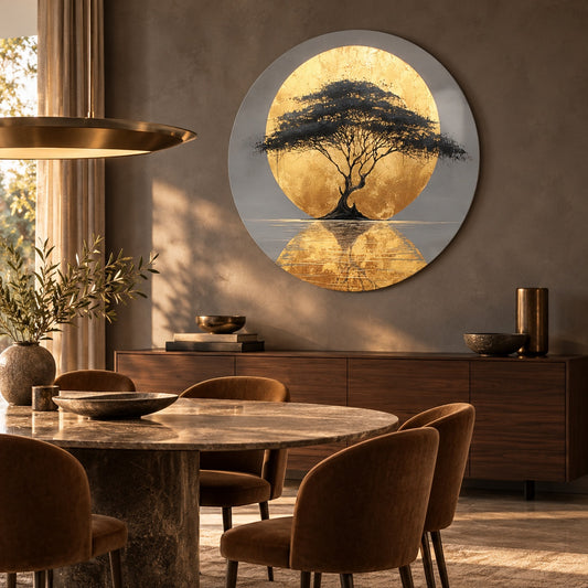 Round aluminium print of the acacia composition displayed in a dining room
