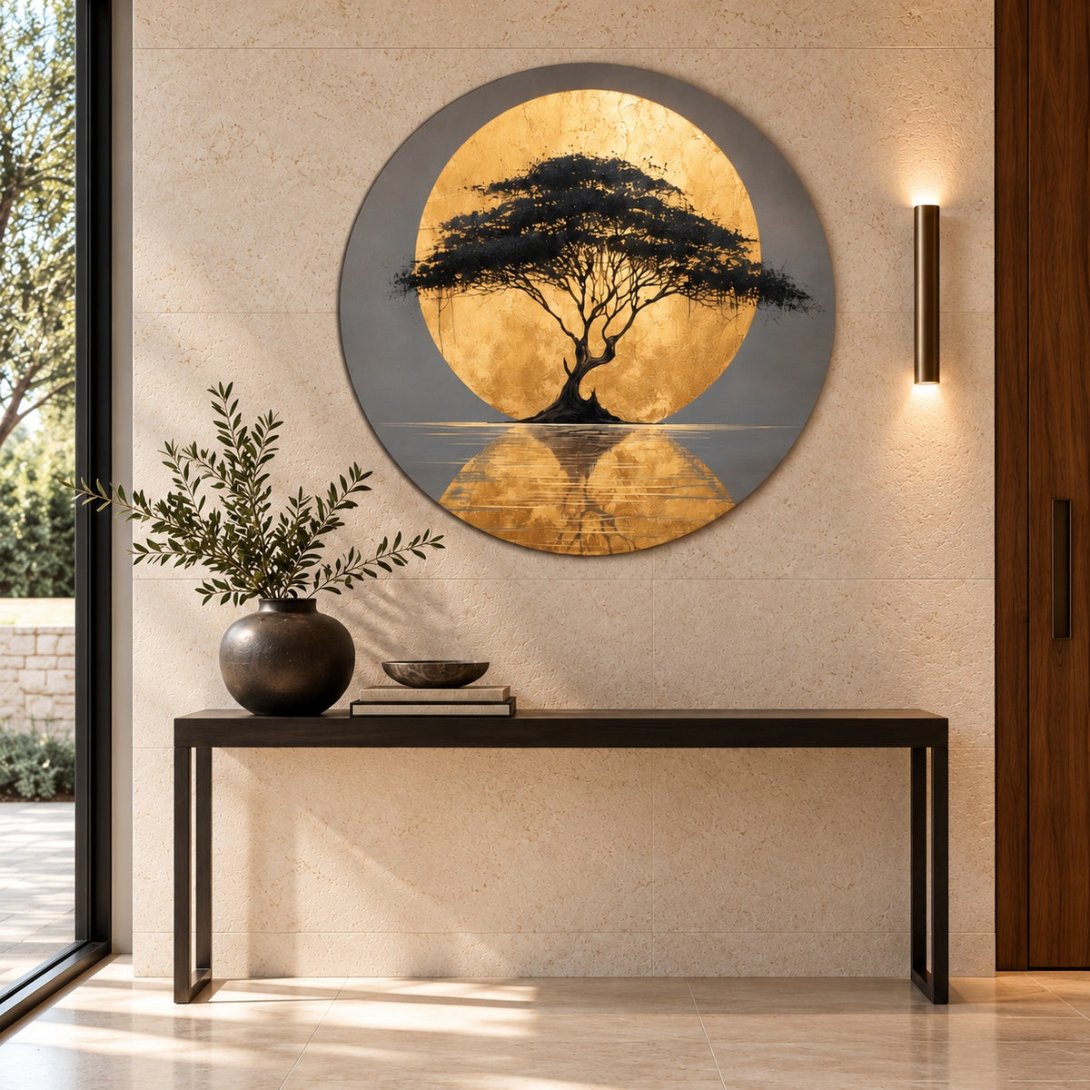 Round aluminium print of the acacia composition displayed in an entrance hall